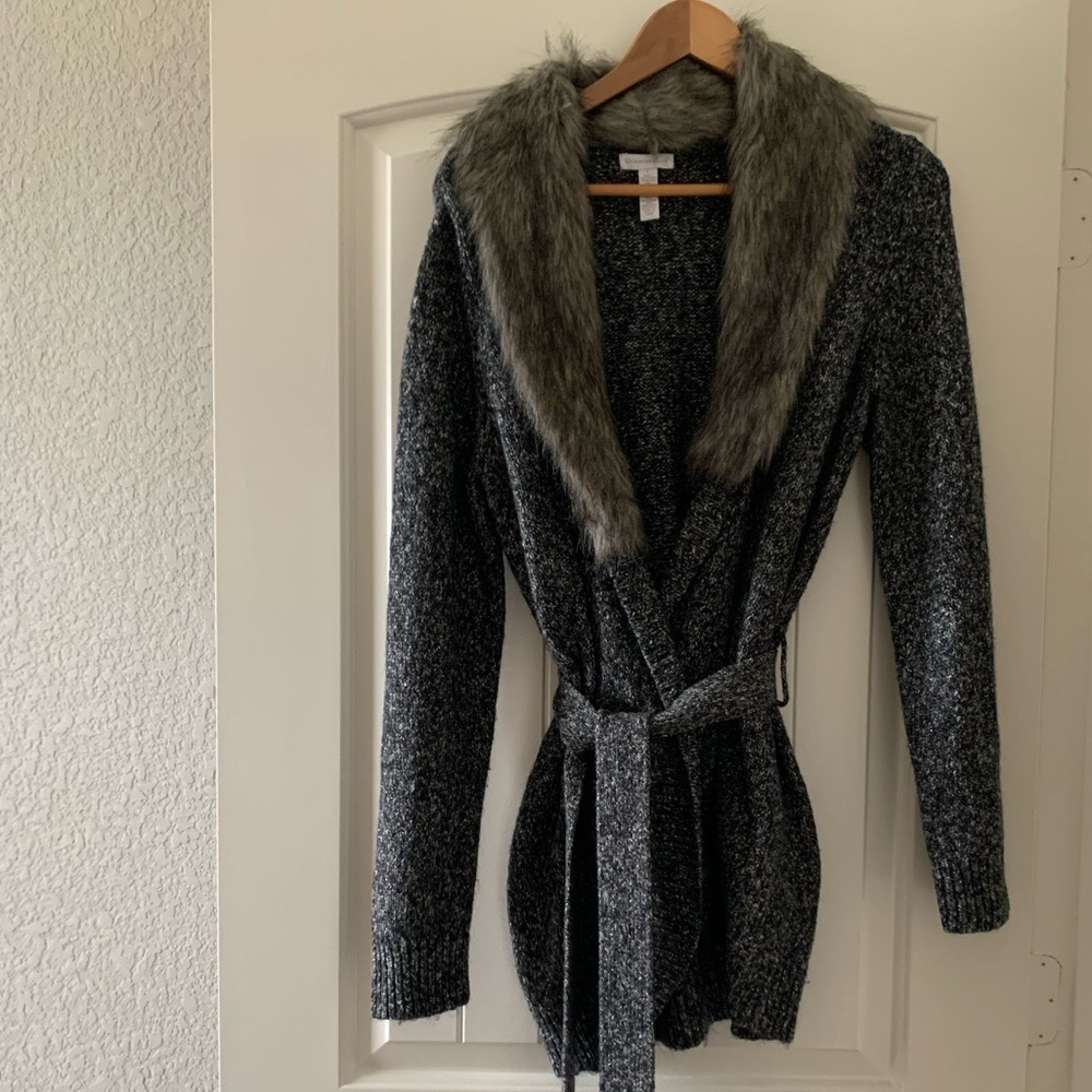 Faux Fur Cardigan with Silver, Metallic Thread